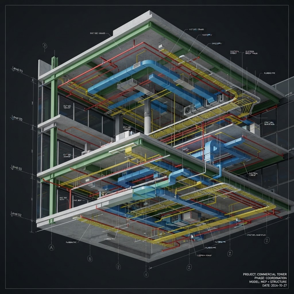 MEP BIM coordination model showing color-coded ductwork, conduits, and pipes